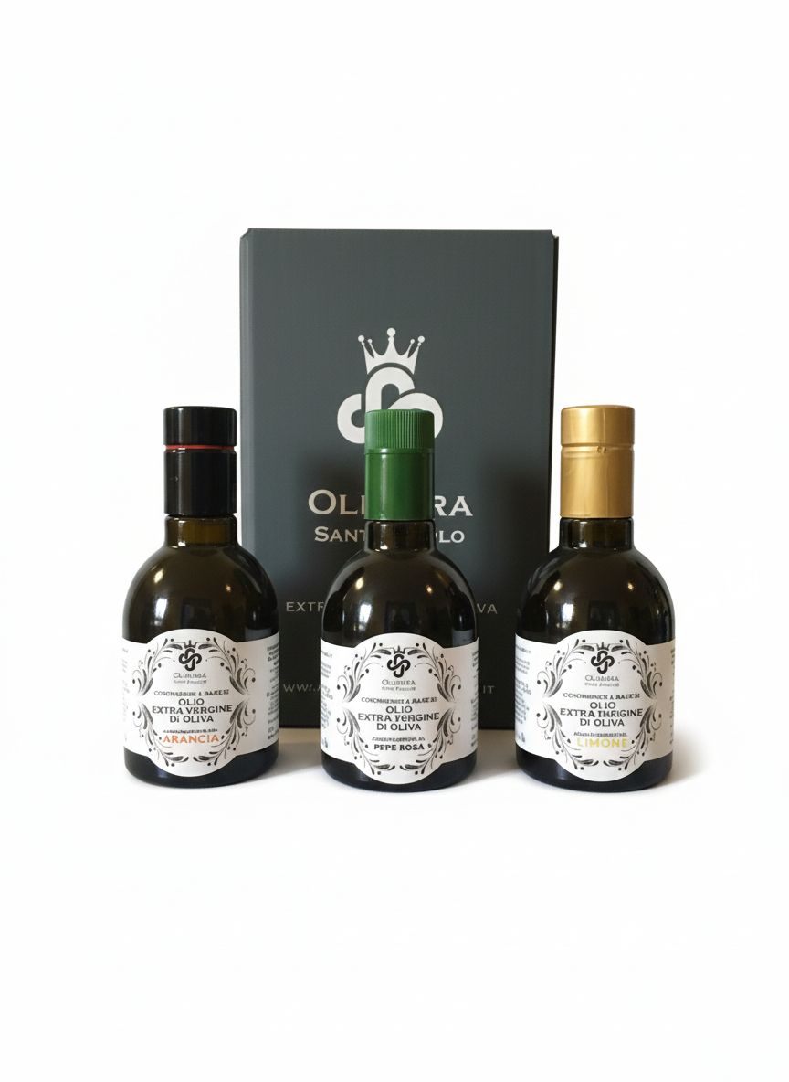 TRIS OLIO EXTRA VERGINE DI OLIVA AROMATIZZATI ( LIMONE ARANCIA E PEPE ROSA)